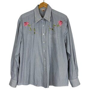 Cactus California Vtg 90s Shirt Women’s L/XL Blue White Stripe Embroidered Rose